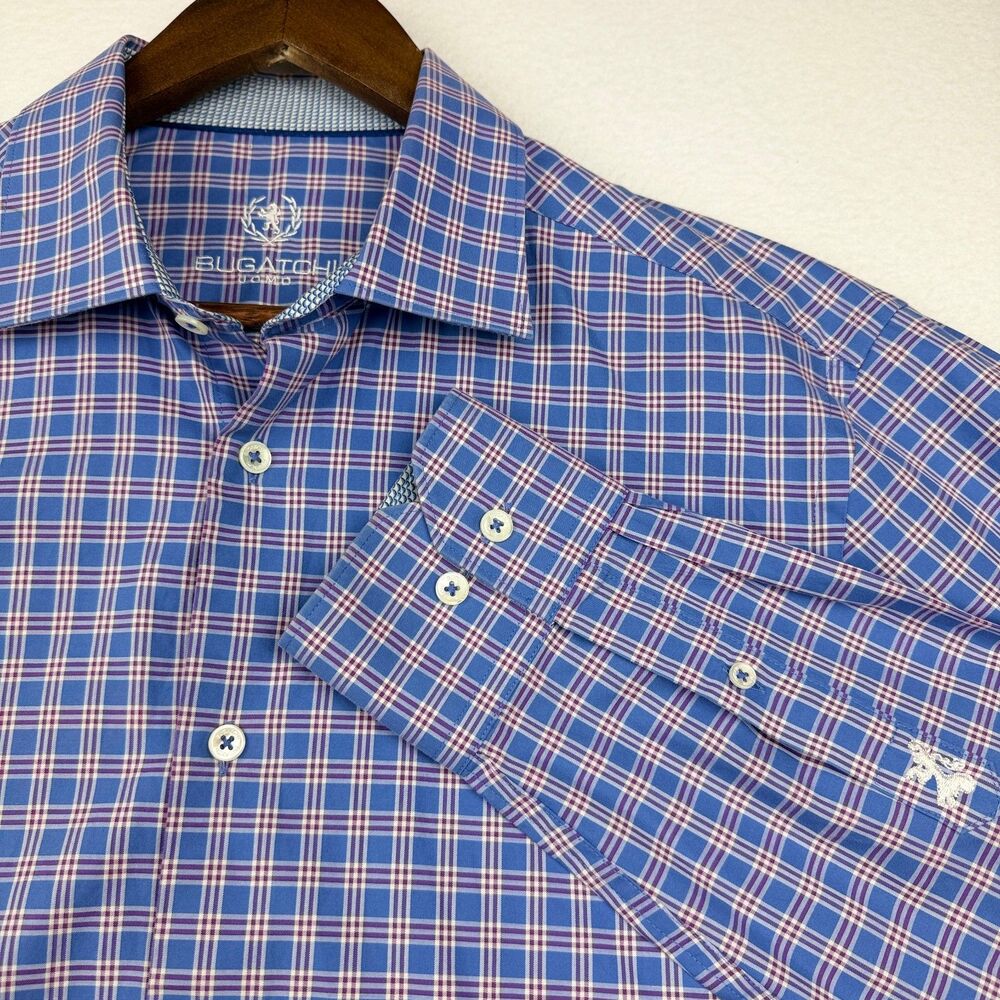 Bugatchi Uomo Men's Blue Plaid Cotton Long Sleeve Button Up Shirt 16-34/35